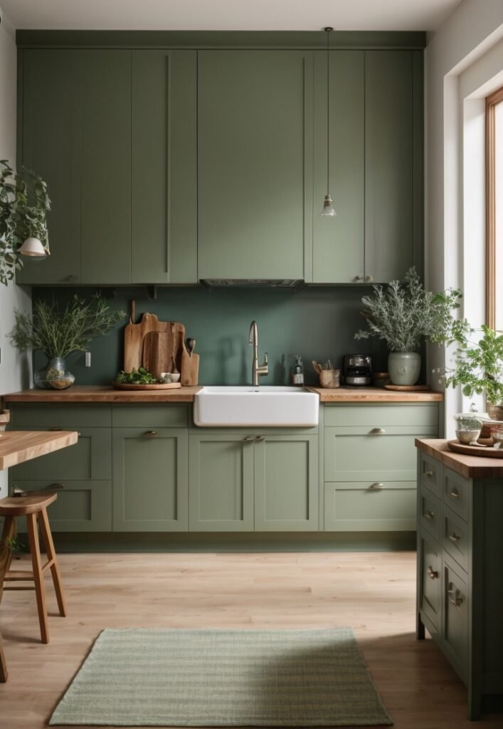 Sage green kitchen cabinets with walnut wood countertop on Craiyon