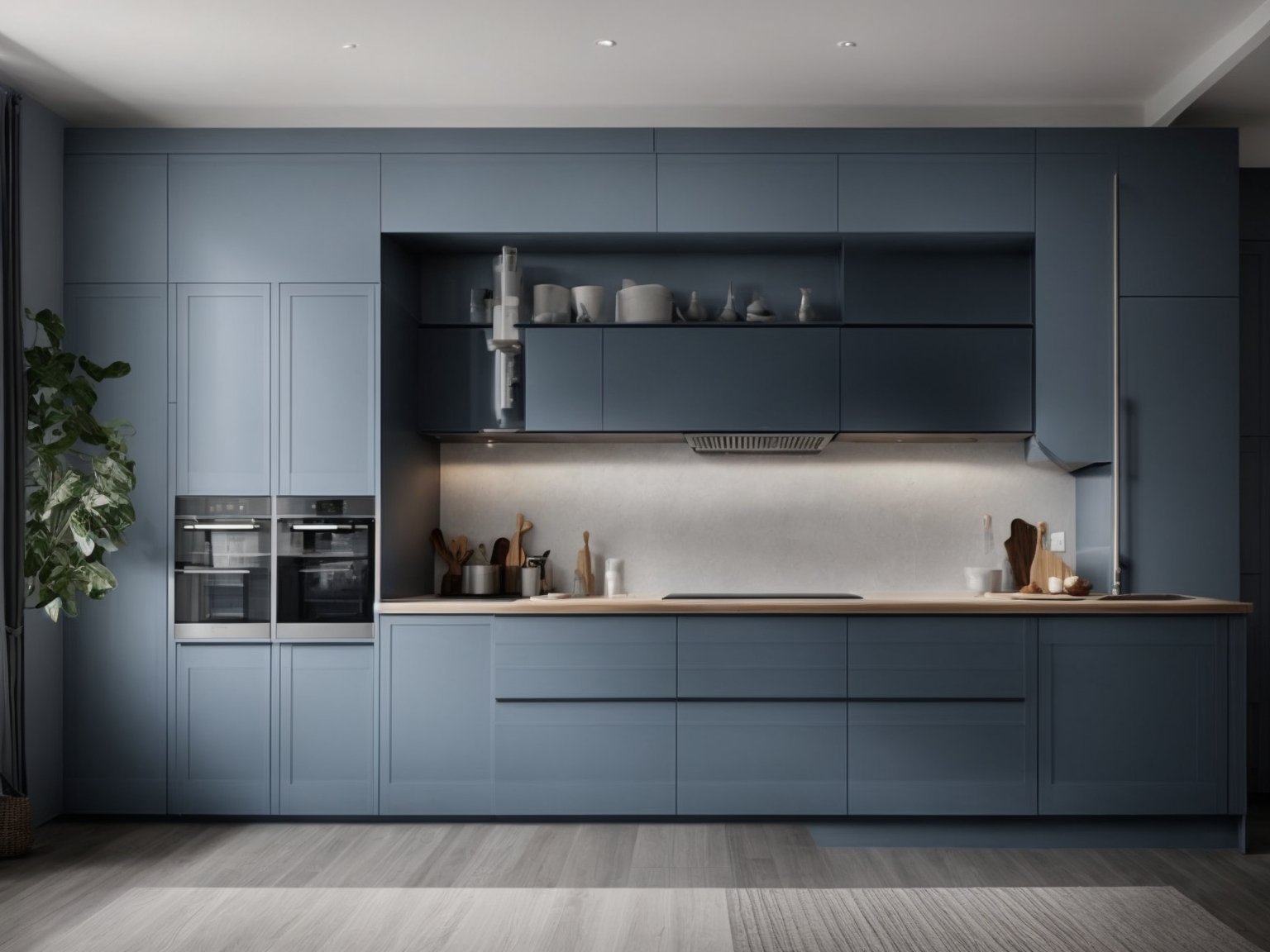 A photo of sleek blue grey kitchen cabinets with stainless steel hardware and marble countertops.