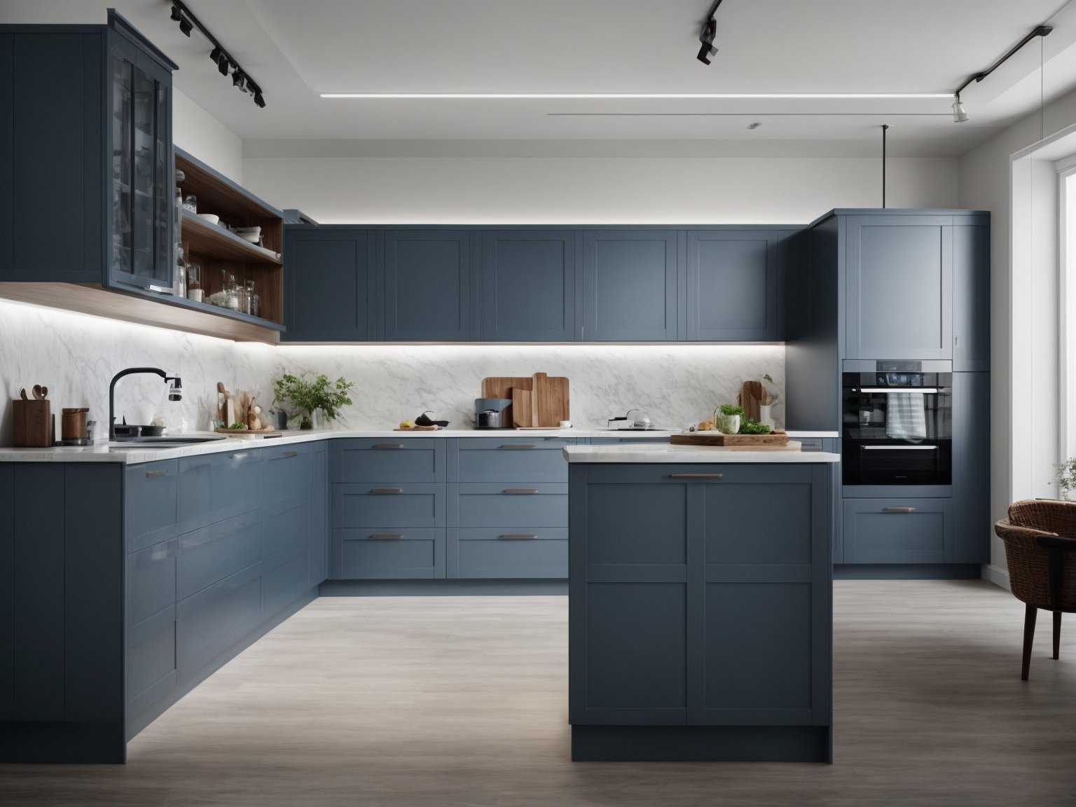 A close-up image of bluish grey kitchen cabinets with a modern, minimalist design.