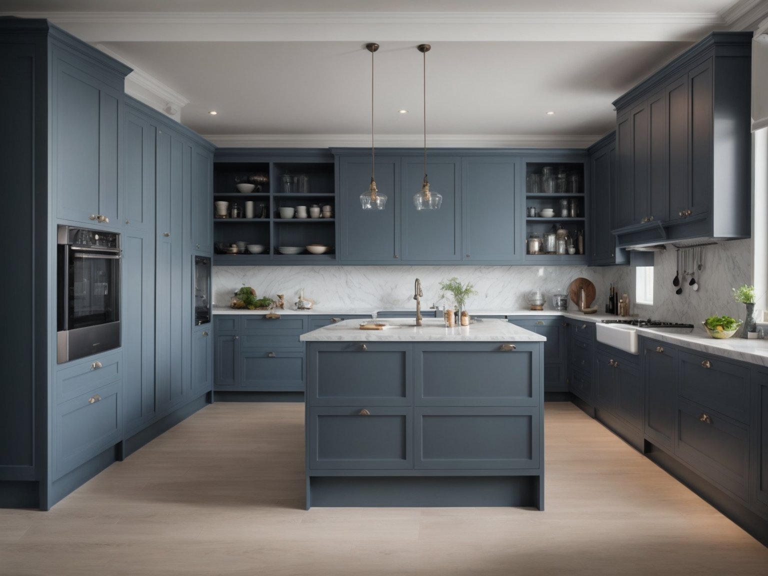 A picture of blue grey two tone kitchen cabinets, featuring a combination of light and dark shades for a stylish contrast.