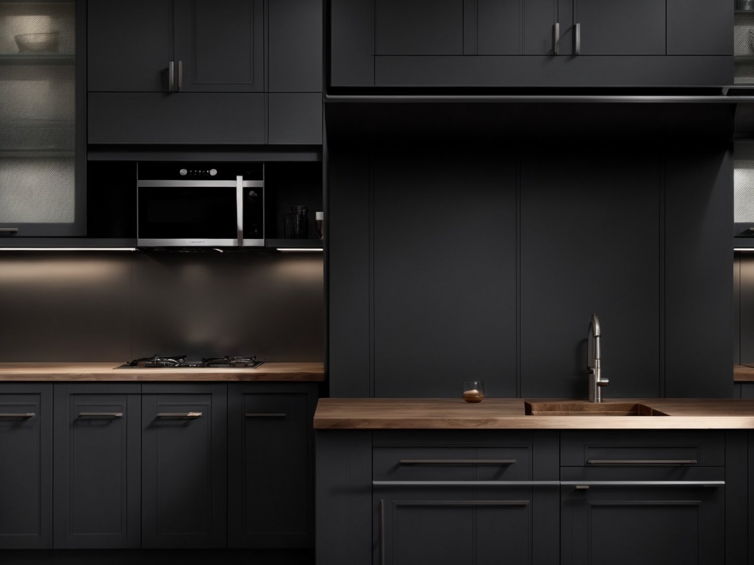 A sleek, modern kitchen with dark grey cabinets and stainless steel appliances
