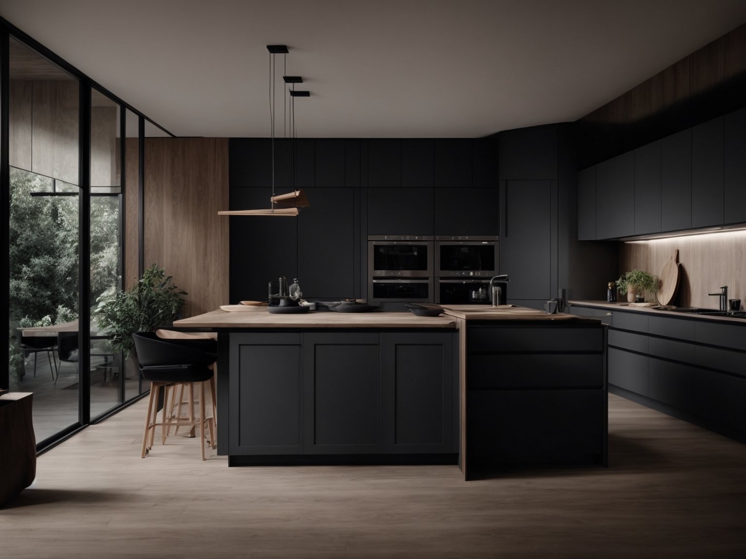 A contemporary kitchen featuring charcoal grey cabinets and marble countertops