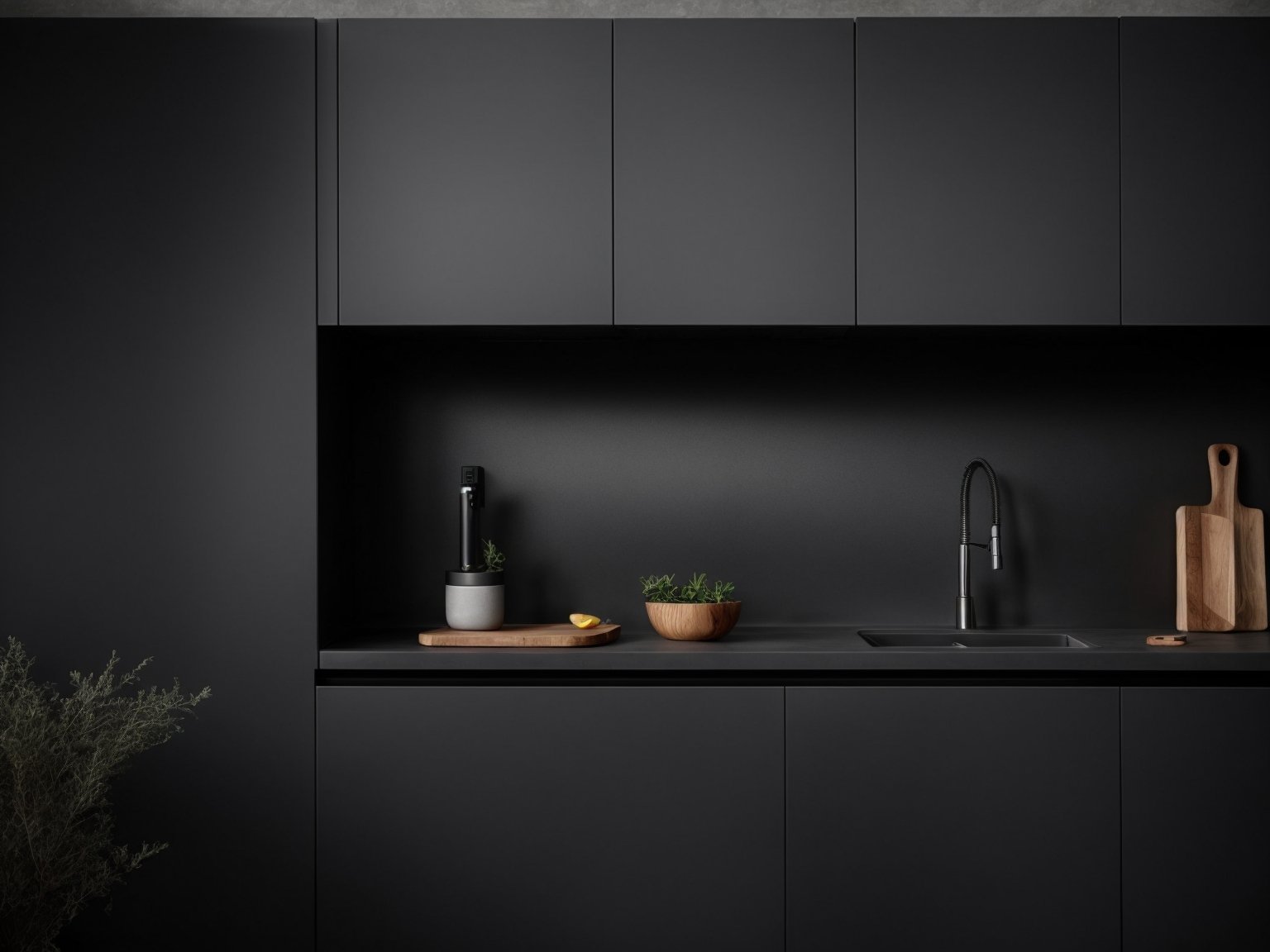 Dark grey kitchen cabinets paired with light grey walls and wood flooring