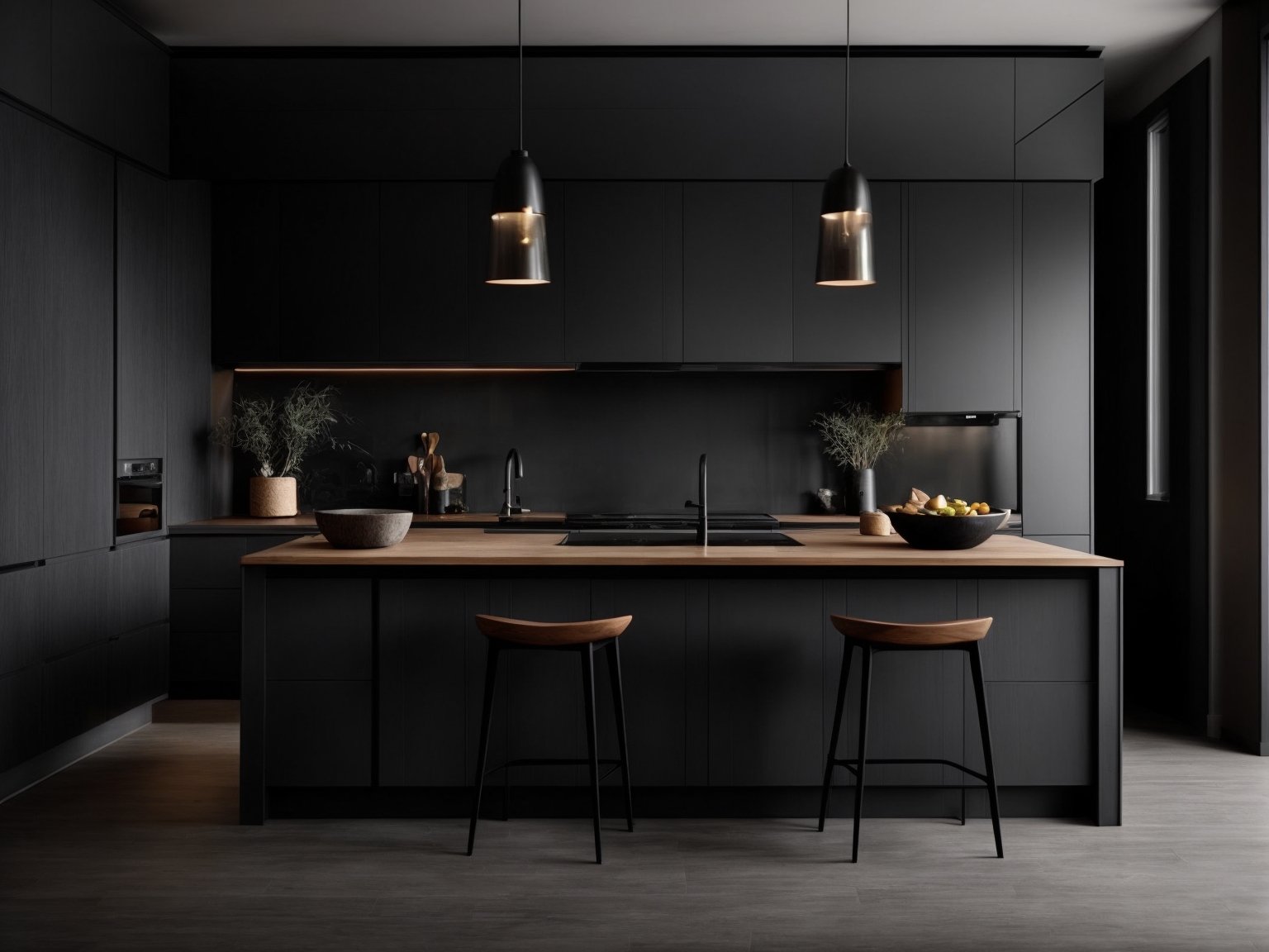 A stylish kitchen with modern dark grey cabinets and black granite countertops