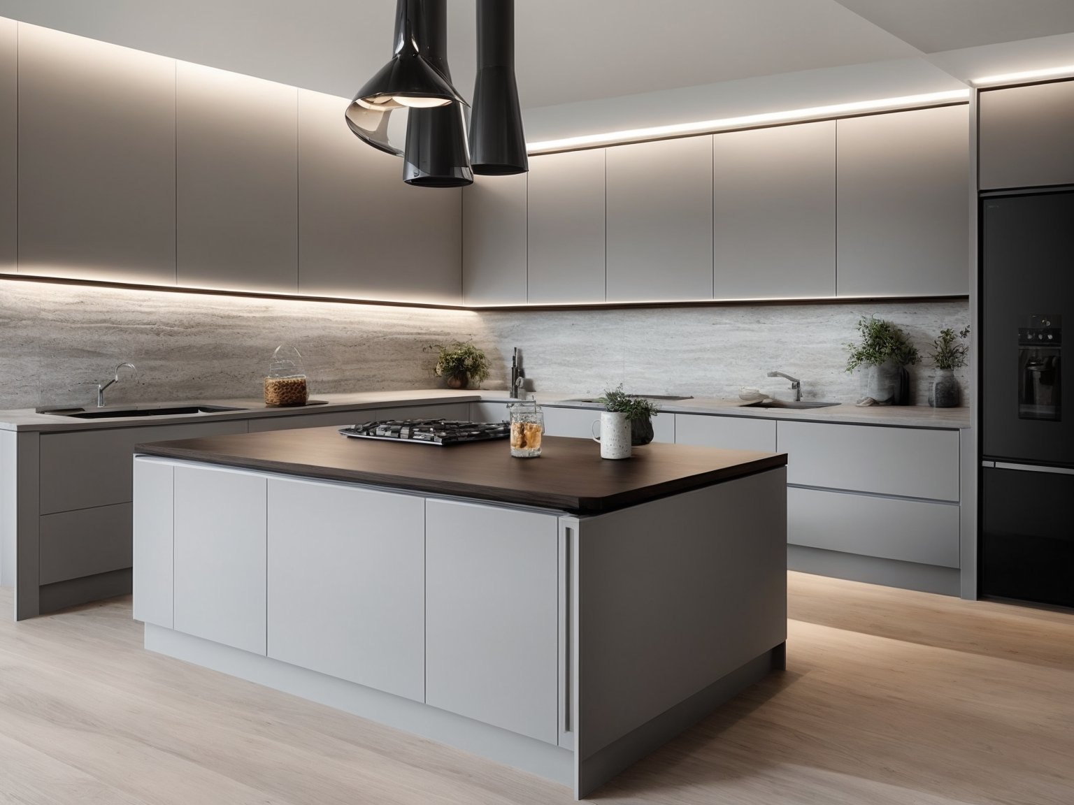 A sleek, modern kitchen with dove grey cabinets and dark countertops