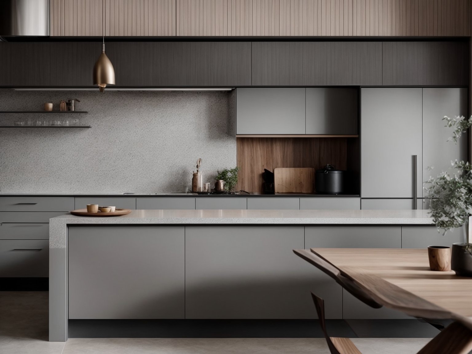 Light grey kitchen cabinets with a dark countertop, creating a stylish contrast
