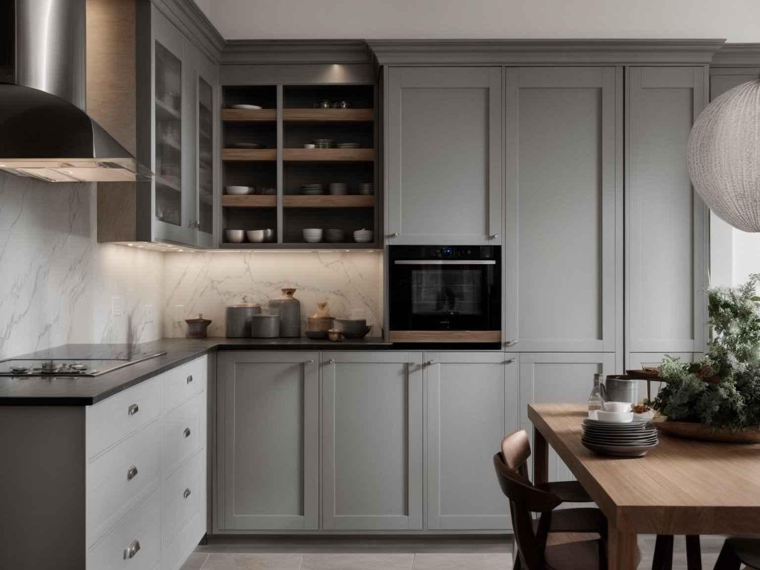 Light grey cabinetry paired with dark countertops, adding a touch of sophistication to the kitchen space