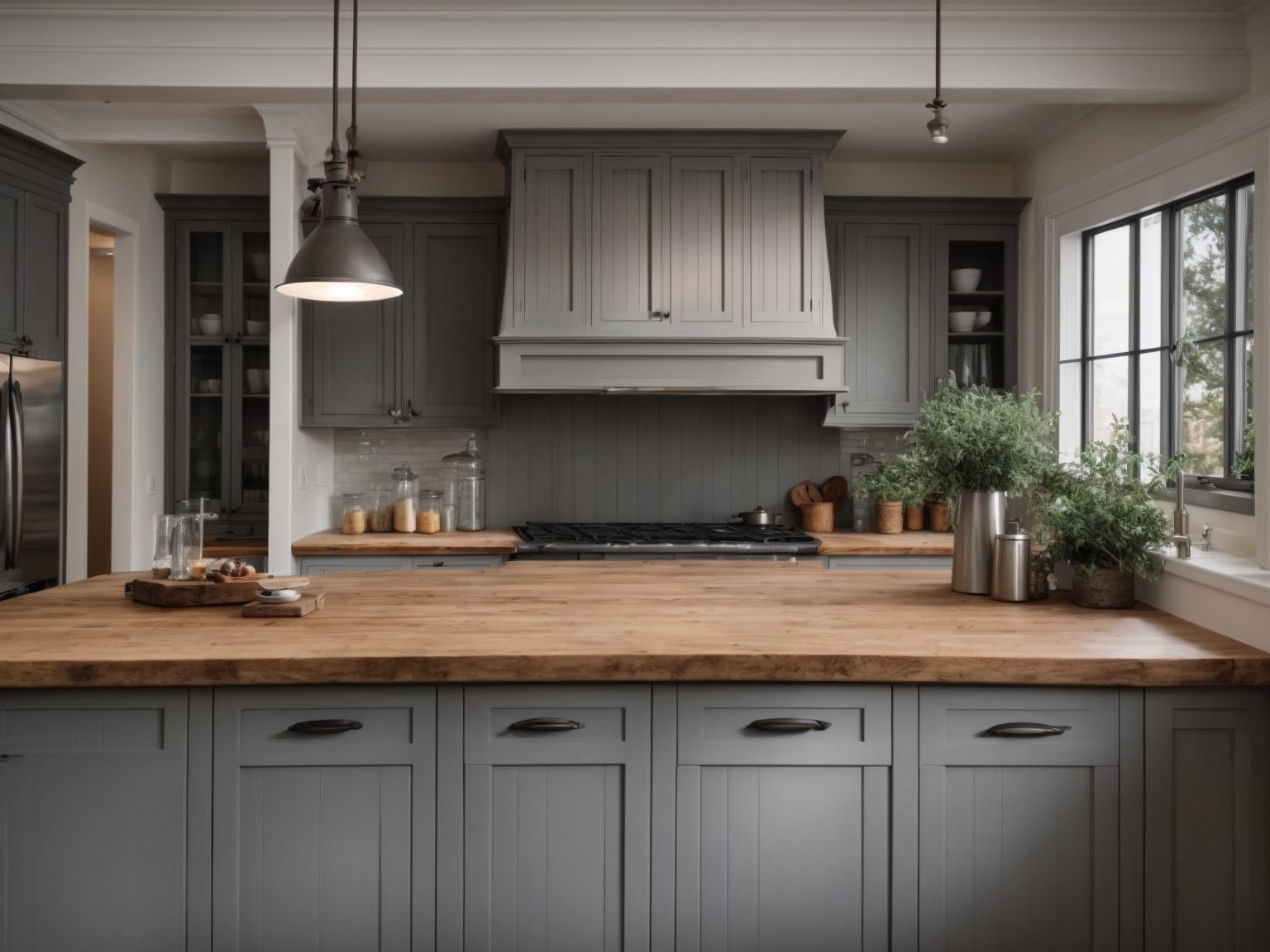 A photo of farmhouse grey kitchen cabinets with butcher block countertops, creating a rustic and cozy feel in the kitchen.