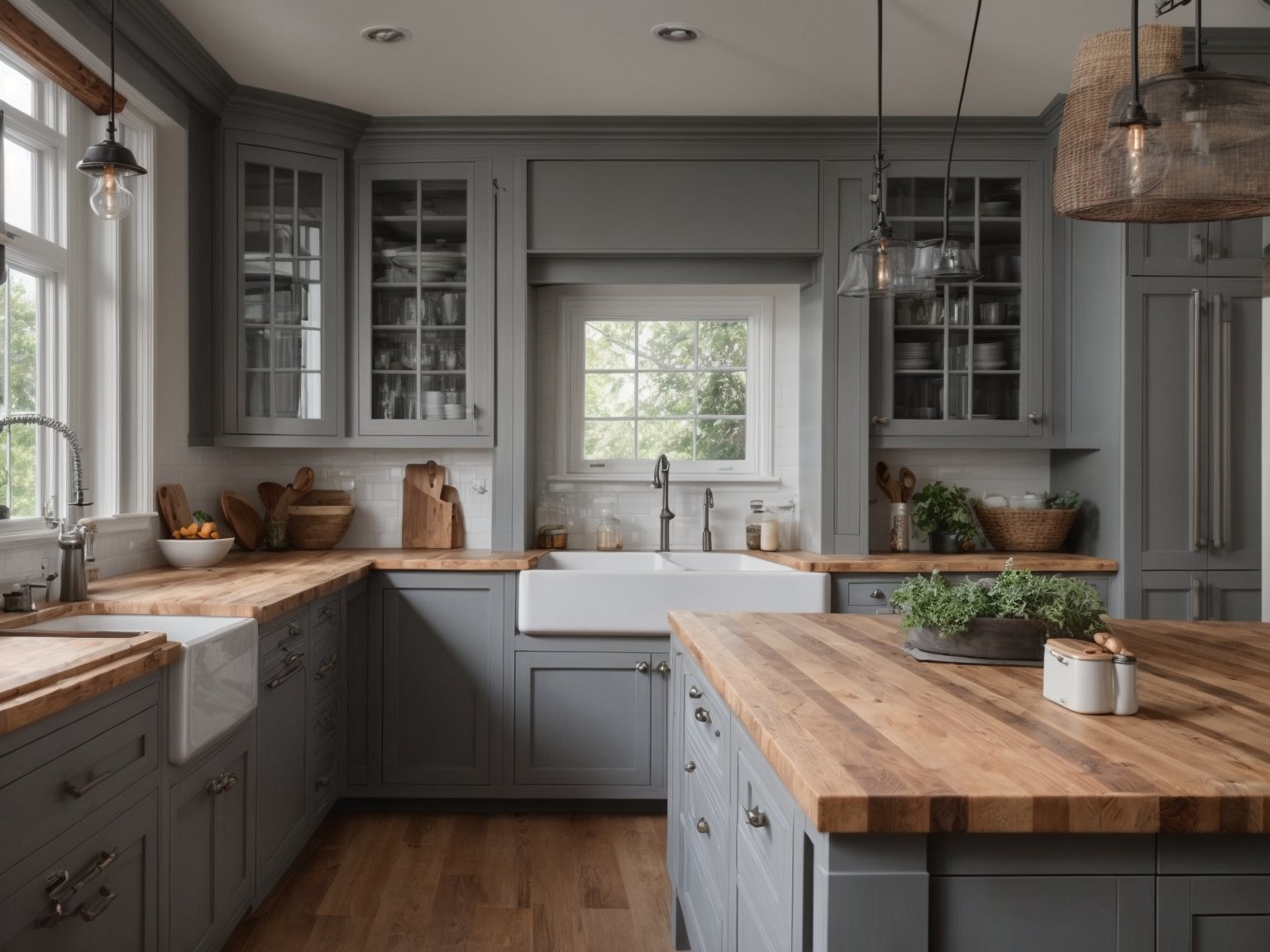 A stylish and modern farmhouse kitchen with grey cabinets and butcher block countertops, adding warmth and character to the space.