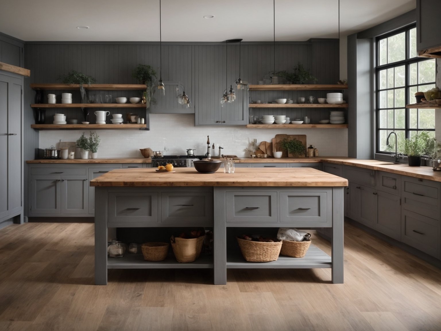 A beautiful farmhouse kitchen featuring grey cabinets and butcher block countertops, creating a timeless and inviting atmosphere.