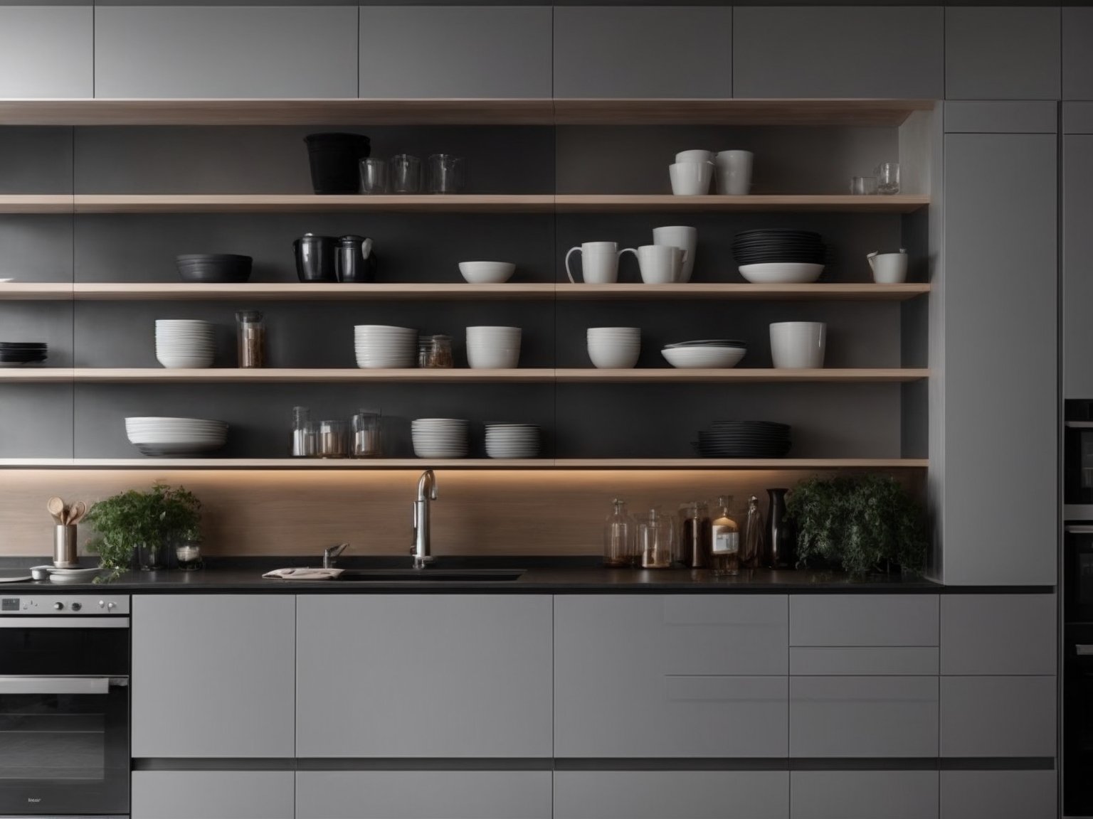 A sleek and modern grey kitchen cabinet with stainless steel handles