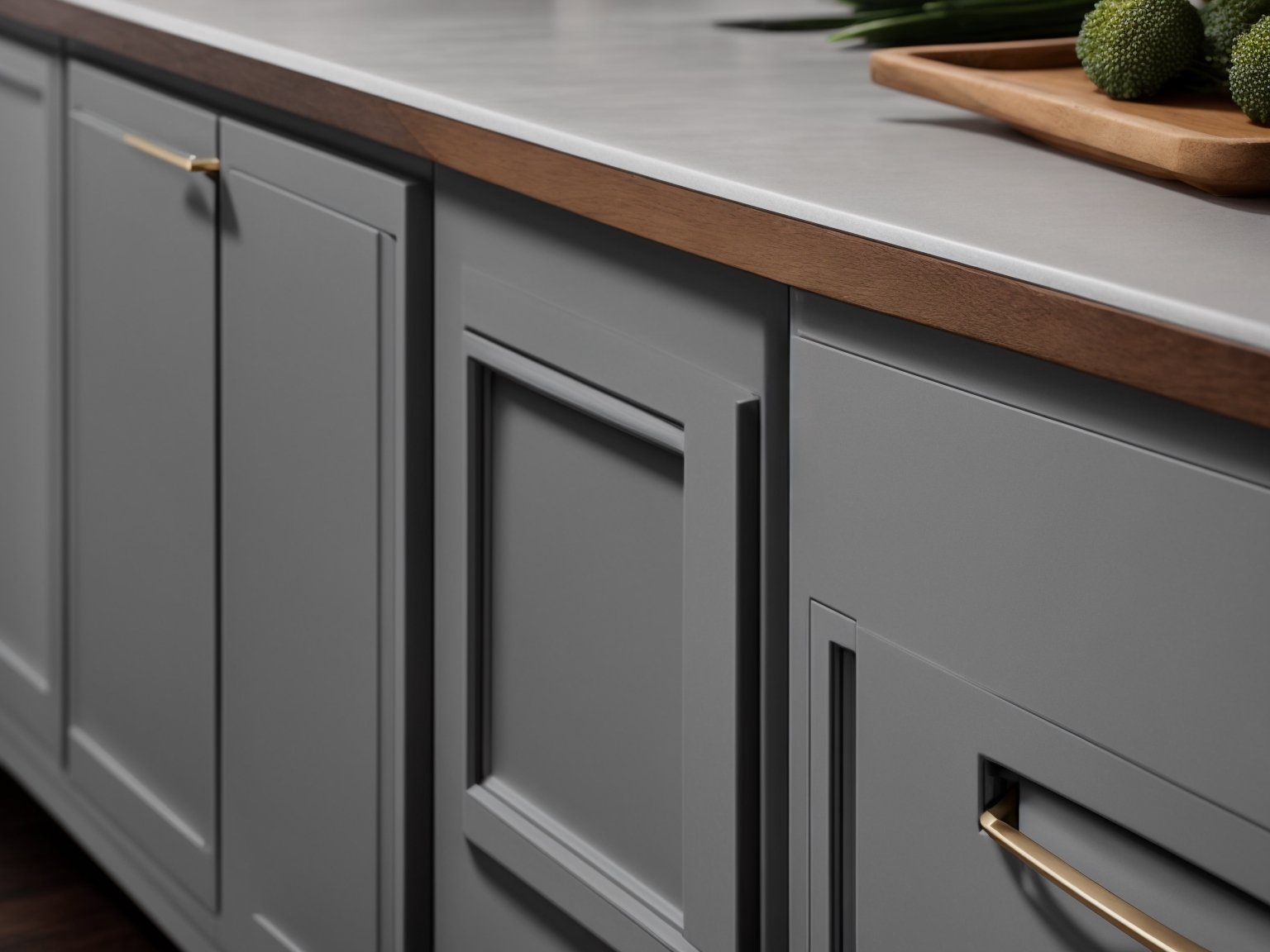 A stylish kitchen with grey cabinets, white subway tile backsplash, and quartz countertops