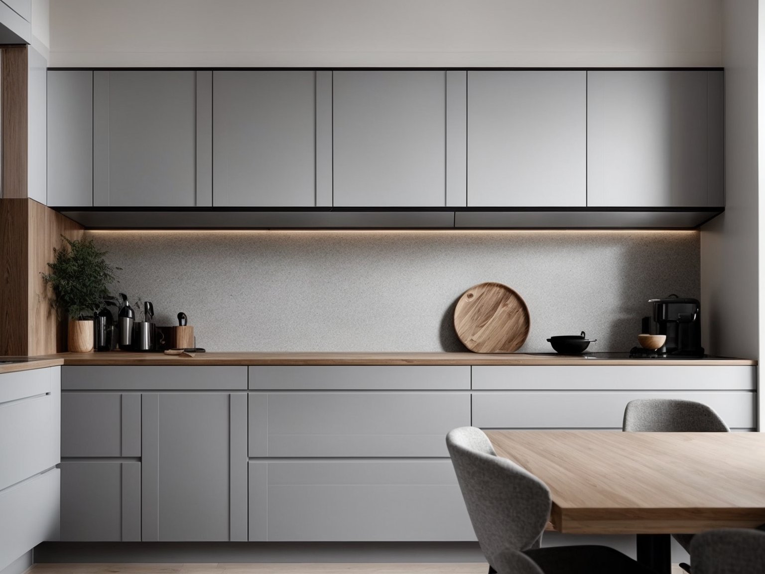 A photo of modern light grey kitchen cabinets with sleek, silver hardware