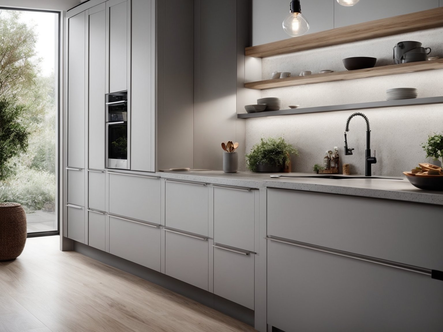 An image of light grey kitchen cabinets with a marble backsplash and pendant lighting