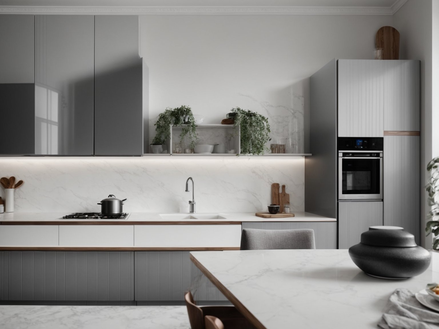 A modern kitchen with two-tone grey and white cabinets, creating a sleek and stylish look.