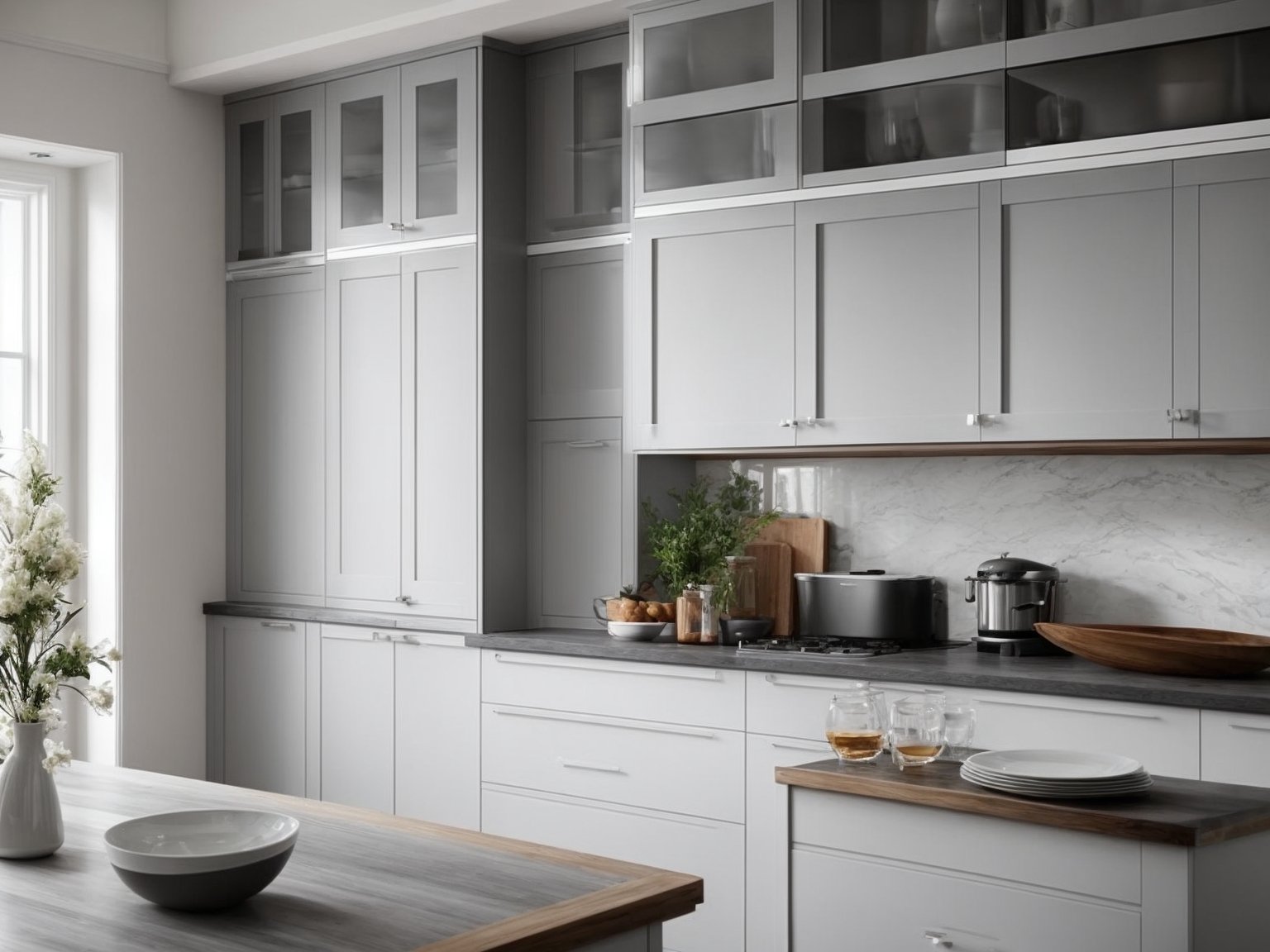 Two-tone grey and white kitchen cabinets, adding a touch of elegance to the space.