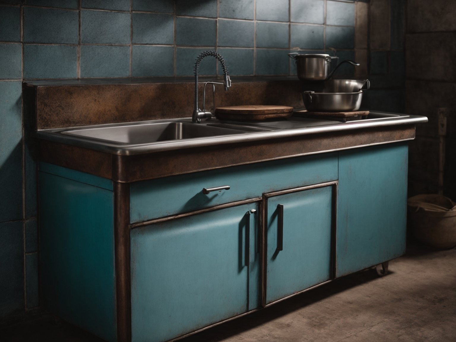 A metal kitchen sink cabinet with a vintage flair, perfect for adding a touch of nostalgia to your home.