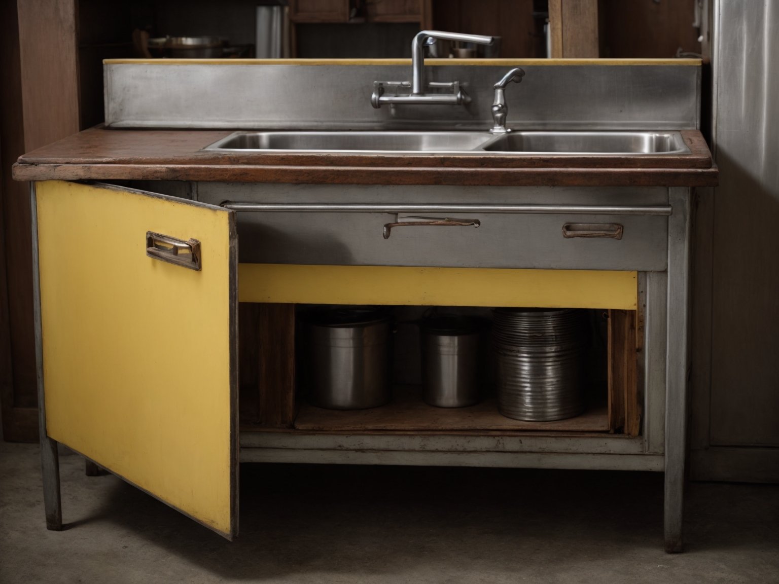 An antique metal kitchen sink cabinet available for purchase, showcasing its timeless appeal and practicality.