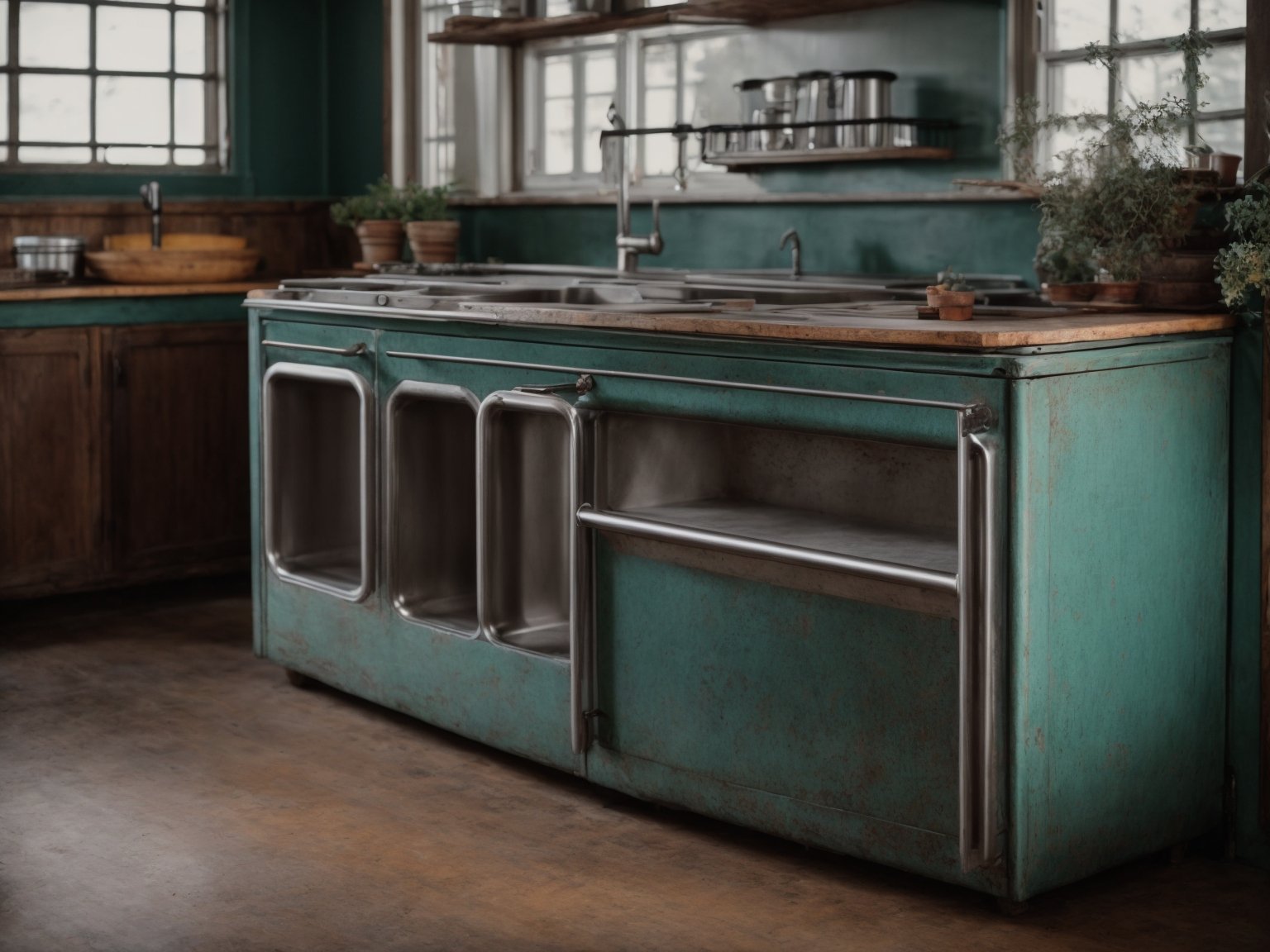 A retro-inspired metal kitchen sink cabinet for sale, offering a charming and durable storage solution for your kitchen.